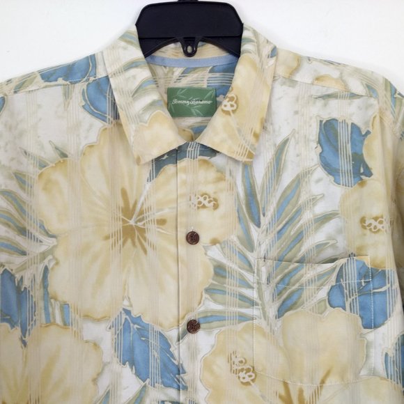 TOMMY BAHAMA Shirt L Yellow Blue Hibiscus Linen Blend Hawaiian Short Sleeve - Picture 2 of 12